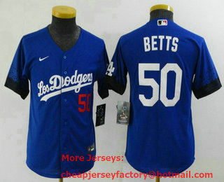 Youth Los Angeles Dodgers #50 Mookie Betts Blue 2021 City Connect Number Cool Base Stitched Jersey