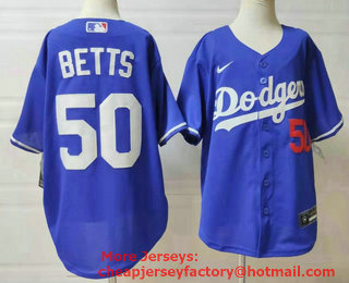 Youth Los Angeles Dodgers #50 Mookie Betts Blue With Front Number Stitched MLB Cool Base Nike Jersey