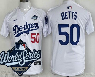 Youth Los Angeles Dodgers #50 Mookie Betts White 2025 World Series Limited Jersey