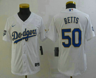 Youth Los Angeles Dodgers #50 Mookie Betts White Gold Championship Stitched MLB Cool Base Nike Jersey