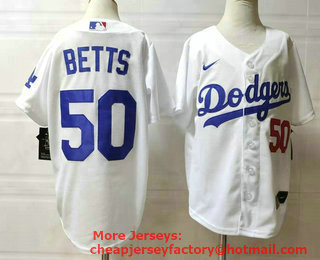Youth Los Angeles Dodgers #50 Mookie Betts White With Front Number Stitched MLB Cool Base Nike Jersey