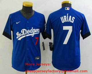 Youth Los Angeles Dodgers #7 Julio Urias Blue 2021 City Connect Number Cool Base Stitched Jersey