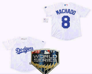 Youth Los Angeles Dodgers #8 Manny Machado White Home 2018 World Series Patch Cool Base Jersey