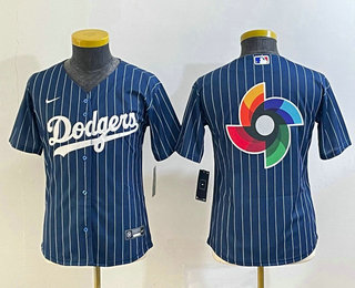 Youth Los Angeles Dodgers Big Logo Navy Blue Pinstripe Stitched MLB Cool Base Nike Jersey 01