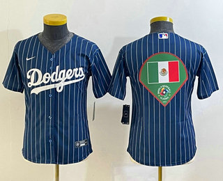 Youth Los Angeles Dodgers Big Logo Navy Blue Pinstripe Stitched MLB Cool Base Nike Jersey 02