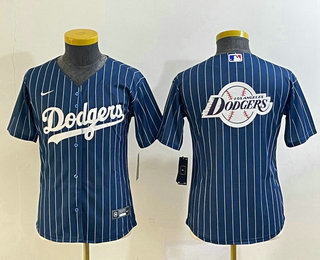 Youth Los Angeles Dodgers Big Logo Navy Blue Pinstripe Stitched MLB Cool Base Nike Jersey 03