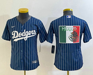 Youth Los Angeles Dodgers Big Logo Navy Blue Pinstripe Stitched MLB Cool Base Nike Jersey 04