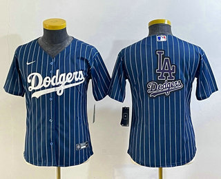 Youth Los Angeles Dodgers Big Logo Navy Blue Pinstripe Stitched MLB Cool Base Nike Jersey 05