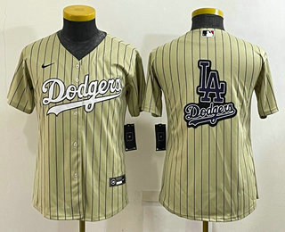 Youth Los Angeles Dodgers Big Logo Number Cream Pinstripe Stitched MLB Cool Base Nike Jersey 01