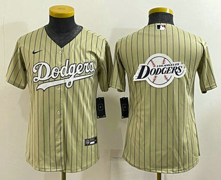 Youth Los Angeles Dodgers Big Logo Number Cream Pinstripe Stitched MLB Cool Base Nike Jersey 02