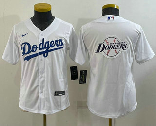 Youth Los Angeles Dodgers Big Logo White MLB Cool Base Nike Jersey 02