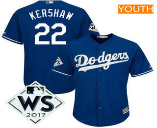 Youth Los Angeles Dodgers Clayton Kershaw Royal 2017 World Series Patch Cool Base Player Jersey