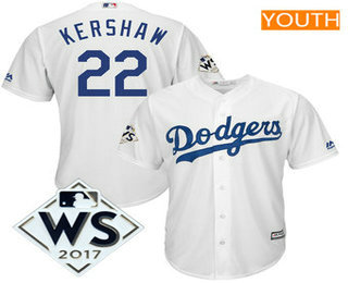 Youth Los Angeles Dodgers Clayton Kershaw White 2017 World Series Patch Cool Base Player Jersey
