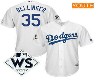 Youth Los Angeles Dodgers Cody Bellinger White 2017 World Series Patch Cool Base Player Jersey