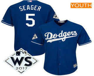 Youth Los Angeles Dodgers Corey Seager Royal 2017 World Series Patch Cool Base Player Jersey
