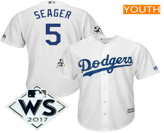 Youth Los Angeles Dodgers Corey Seager White 2017 World Series Patch Cool Base Player Jersey