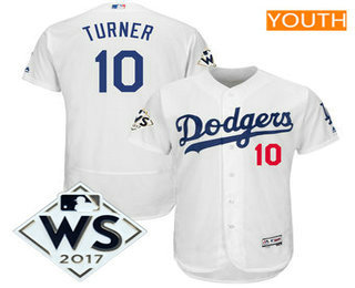 Youth Los Angeles Dodgers Justin Turner White 2017 World Series Patch Flex Base Player Jersey