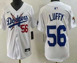 Youth Los Angeles Dodgers x One Piece #56 Luffy White Vapor Premier Limited Stitched Jersey