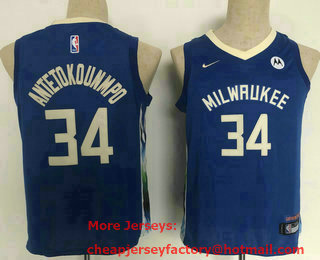 Youth Milwaukee Bucks #34 Giannis Antetokounmpo 2022 Blue City Edition Stitched Jersey With Sponsor