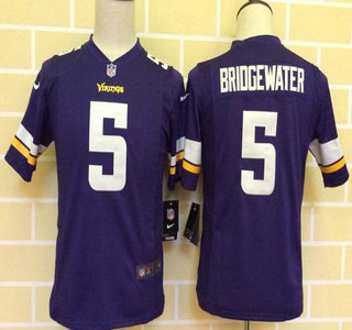 Youth Minnesota Vikings #5 Teddy Bridgewater Purple Team Color NFL Nike Game Jersey