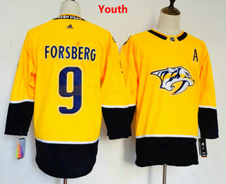 Youth Nashville Predators #9 Filip Forsberg Yellow With A Patch Home 2017-2018 Hockey Stitched NHL Jersey
