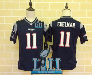 Youth New England Patriots #11 Julian Edelman NEW Navy Blue Team Color 2018 Super Bowl LII Patch Stitched NFL Nike Game Jersey