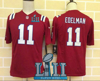 Youth New England Patriots #11 Julian Edelman Nike Red 2018 Super Bowl LII Patch Game Jersey