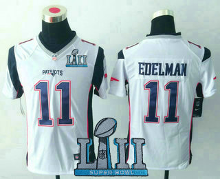 Youth New England Patriots #11 Julian Edelman White 2018 Super Bowl LII Patch Stitched NFL Nike Game Jersey
