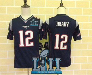 Youth New England Patriots #12 Tom Brady NEW Navy Blue Team Color 2018 Super Bowl LII Patch Stitched NFL Nike Game Jersey
