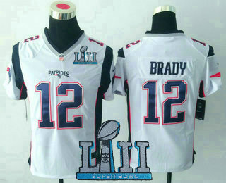 Youth New England Patriots #12 Tom Brady NEW White Road Stitched 2018 Super Bowl LII Patch NFL Game Jersey