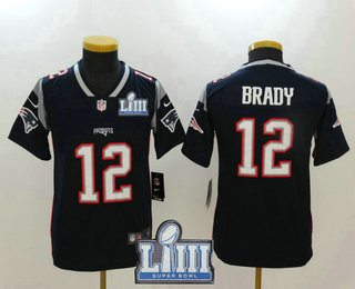 Youth New England Patriots #12 Tom Brady Navy Blue 2019 Super Bowl LIII Patch Vapor Untouchable Stitched NFL Nike Limited Jersey