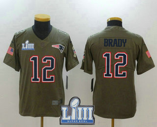 Youth New England Patriots #12 Tom Brady Olive 2019 Super Bowl LIII Patch Salute To Service Stitched NFL Nike Limited Jersey