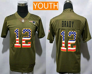 Youth New England Patriots #12 Tom Brady Olive with USA Flag 2017 Salute To Service Stitched NFL Nike Limited Jersey