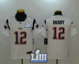 Youth New England Patriots #12 Tom Brady White 2019 Super Bowl LIII Patch Vapor Untouchable Stitched NFL Nike Limited Jersey
