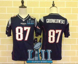 Youth New England Patriots #87 Rob Gronkowski NEW Navy Blue Team Color 2018 Super Bowl LII Patch Stitched NFL Nike Game Jersey