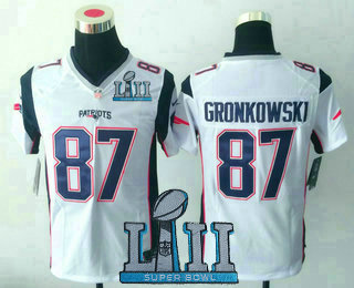 Youth New England Patriots #87 Rob Gronkowski NEW White Road 2018 Super Bowl LII Patch Stitched NFL Game Jersey
