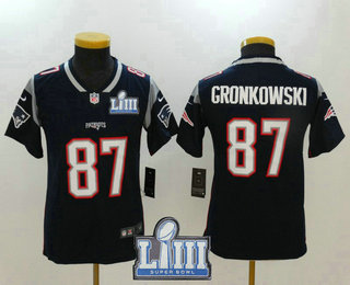 Youth New England Patriots #87 Rob Gronkowski Navy Blue 2019 Super Bowl LIII Patch Vapor Untouchable Stitched NFL Nike Limited Jersey