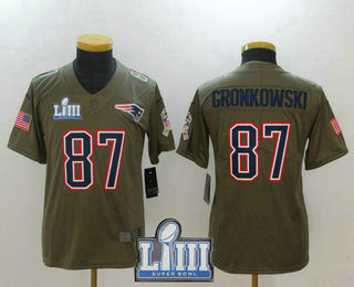 Youth New England Patriots #87 Rob Gronkowski Olive 2019 Super Bowl LIII Patch Salute To Service Stitched NFL Nike Limited Jersey