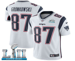 Youth New England Patriots #87 Rob Gronkowski White 2018 Super Bowl LII Patch Vapor Untouchable Stitched NFL Nike Limited Jersey