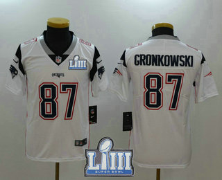 Youth New England Patriots #87 Rob Gronkowski White 2019 Super Bowl LIII Patch Vapor Untouchable Stitched NFL Nike Limited Jersey