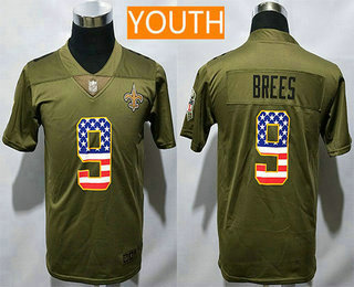 Youth New Orleans Saints #9 Drew Brees Olive with USA Flag 2017 Salute To Service Stitched NFL Nike Limited Jersey
