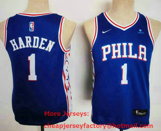Youth Philadelphia 76ers #1 James Harden Blue Nike 2021 Stitched Jersey With Sponsor