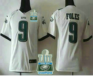 Youth Philadelphia Eagles#9 Nick Foles 2018 Super Bowl LII Champions Patch White Road NFL Nike Game Jersey
