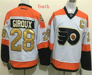 Youth Philadelphia Flyers #28 Claude Giroux Reebok White Gold 50th Anniversary Hockey Jersey