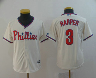 Youth Philadelphia Phillies #3 Bryce Harper Cream Stitched MLB Cool Base Jersey