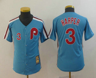 Youth Philadelphia Phillies #3 Bryce Harper Light Blue Cool Base Cooperstown Collection Jersey