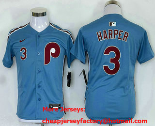 Youth Philadelphia Phillies #3 Bryce Harper Number Light Blue Cooperstown Stitched Limited Jersey