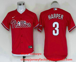Youth Philadelphia Phillies #3 Bryce Harper Red Stitched MLB Cool Base Nike Jersey