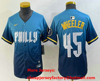 Youth Philadelphia Phillies #45 Zack Wheeler Blue 2024 City Cool Base Stitched Jersey