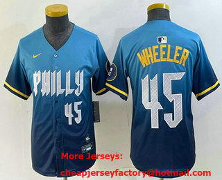 Youth Philadelphia Phillies #45 Zack Wheeler Blue 2024 City Player Number Cool Base Stitched Jersey